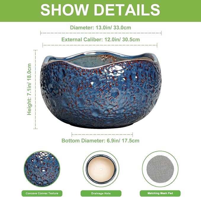 Bonsai Pots - 13 Inch Large Ceramic Planter for Indoor Outdoor, Round Decorative Plant Pots with Drainage Hole, Modern Unique Flower Pots, Patio Decor, Housewarming Gifts, Retro Blue