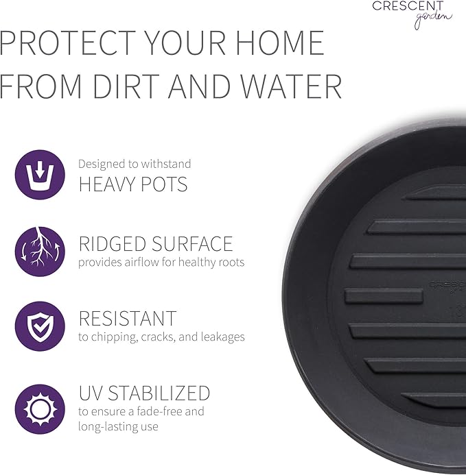 Crescent Garden Universal Round Planter Saucer – Heavy-Duty Drainage Tray for Indoor & Outdoor Use – Fits Pots with 13" Base (18" Total Outer Diameter) - Caviar Black