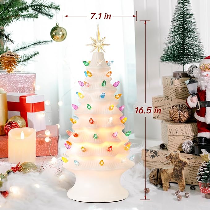 Lakumu 16.5" Table Top Christmas Tree, Hand Painted Resin Christmas Tree with Lights, Pre-lit Xmas Tree Decor Lighted Tabletop Decoration with Multicolored LED Bulbs, Ceramic-Like Finish, White