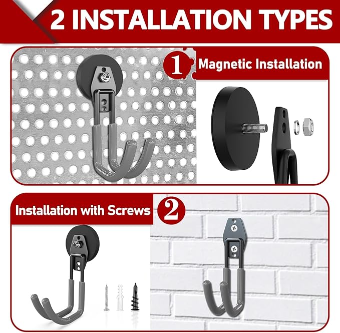 3-H Heavy Duty Magnet Garage Hooks 4 Pack, J Shape Strong Magnetic Hooks for Hanging Cordless Power Drill, Utility Magnetic Tool Holder for Metal Cabinet, Steel Pegboard, Toolbox, Garage(Grey)