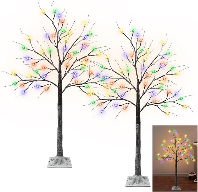 2 Pack 4 FT Birch Tree with 96 LED Multicolor Lights, Artificial Lighted Birch Tree Snowy Light Up Birch Twig Christmas Tree for Party Home Mantel Porch Yard Indoor Outdoor Decor