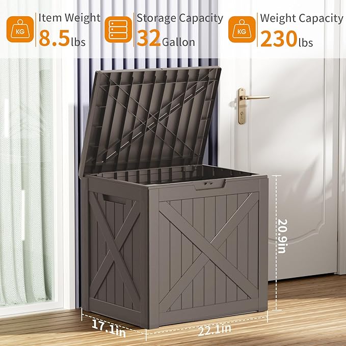 32 Gallon Outdoor Deck Box,Storage Lockable Waterproof Patio Furniture,Garden Tools,Cushions,Pool Accessories Outside Storage Resin Box(Grey)