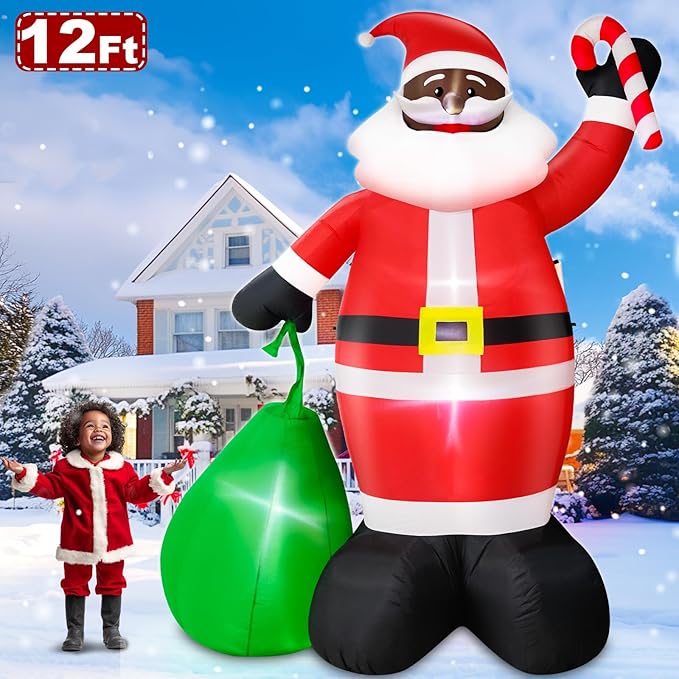 12 Ft by 7.5 Ft Giant Black Santa Christmas Inflatable Outdoor Decoration, Santa Claus Blow Up Inflatable with Candy Cane Gift Bag, Black Christmas Yard Decor Built-in LED Light for Xmas Lawn Garden
