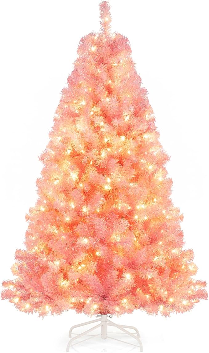 Goplus 6 FT Pre-Lit Tinsel Christmas Tree, Artificial Hinged Xmas Tree with 250 Warm White LED Lights, 8 Modes, 688 Lush Branch Tips, Metal Stand, Home Office Seasonal Holiday Decoration, Pink