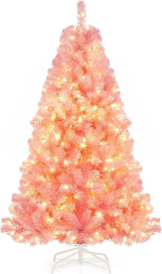 Goplus 6 FT Pre-Lit Tinsel Christmas Tree, Artificial Hinged Xmas Tree with 250 Warm White LED Lights, 8 Modes, 688 Lush Branch Tips, Metal Stand, Home Office Seasonal Holiday Decoration, Pink