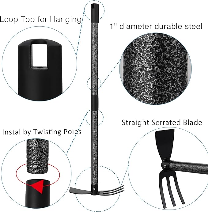Hoe and Cultivator Gardening Hand Tools, Heavy Duty Stainless Steel Garden Hoe and 3 Fork Hand Tiller for Gardening Weeding Planting with Adjustable Handle 45 inch