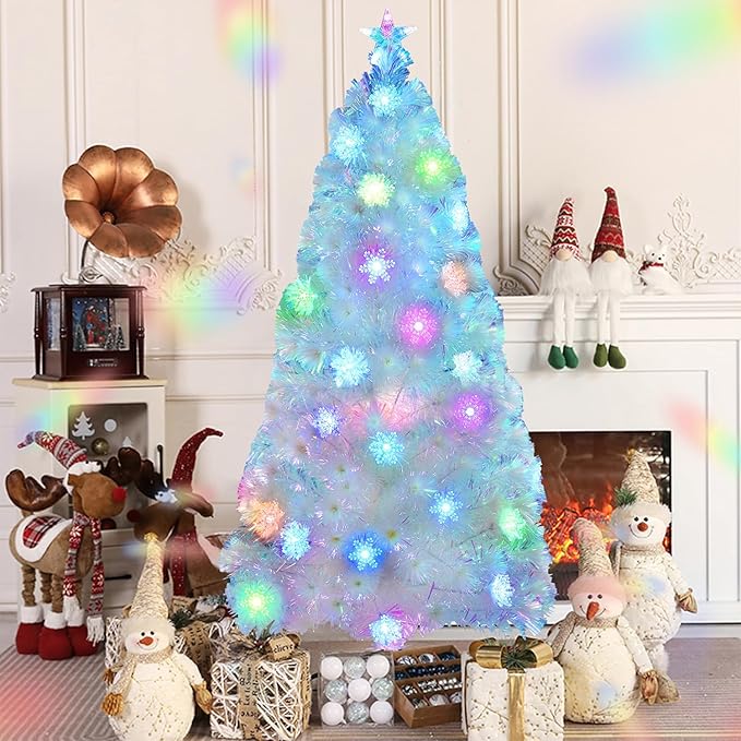 Juegoal 5ft Pre-Lit Artificial Christmas Tree, Lighted Optical Fiber Xmas Trees with Color Changing LED Lights, Snowflakes & Top Star, Party Home Holiday Fake Multicolored Tree with Metal Legs, White