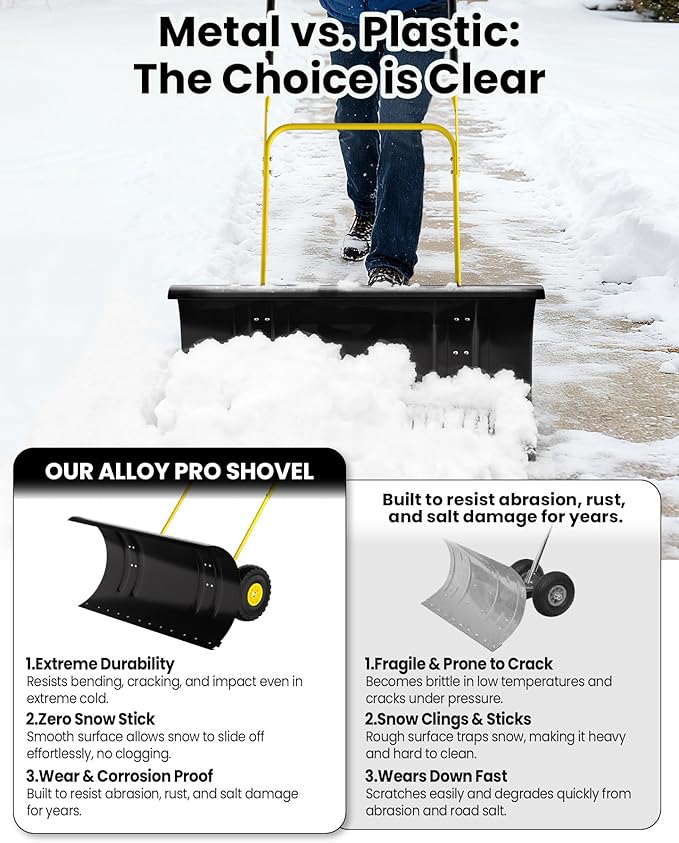 36" Snow Pusher Shovel with Wheels, Adjustable Ergonomic U-Handle Snow Plow for Driveway, Heavy Duty Wheeled Rolling Shovels for Driveway and Sidewalks with Angeled Blade