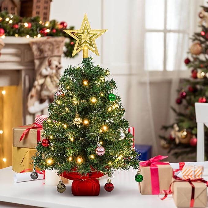 Uten Mini Christmas Tree Small Christmas Balls 28Pcs, Treetop Star 50 LED Waterproof Battery Box with Red Cement Base Christmas Decorations for Home, Office, Party