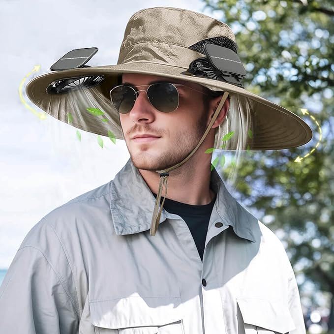 Solar Powered Fan Hat for Men Women Wide Brim Hat with 2 Fans UPF 50+ Outdoor Fishing Beach Sun Hat
