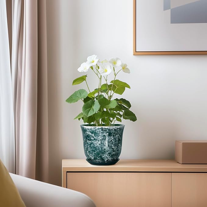 Ceramic Pots for Plants - 5.6 Inch Planter for Indoor Outdoor, Small Flower Pot with Drainage Hole and Saucer, Round Modern Succulent Planters, Home Room Desk Decor, Women Gifts, Green