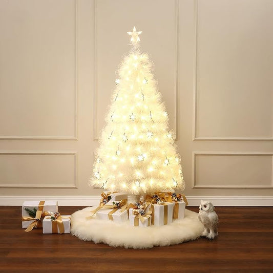 LuxenHome 5FT White Christmas Tree, 13 Lighting Funtions Artificial Fiber Optic Christmas Tree with 179 LED Lights, 336 PVC and Bristle Tips, Plug-in White Xmas Trees for Living Room, Entryway Decor