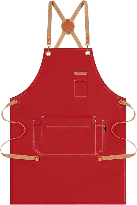 Genixart Chef Apron for Men Women with Gift Box Pack, Cross Back Apron with Pockets for Kitchen Cooking Baking Artist Painting, Cotton Canvas Work Aprons for Shop, Garden, Restaurant, Cafe (Red)