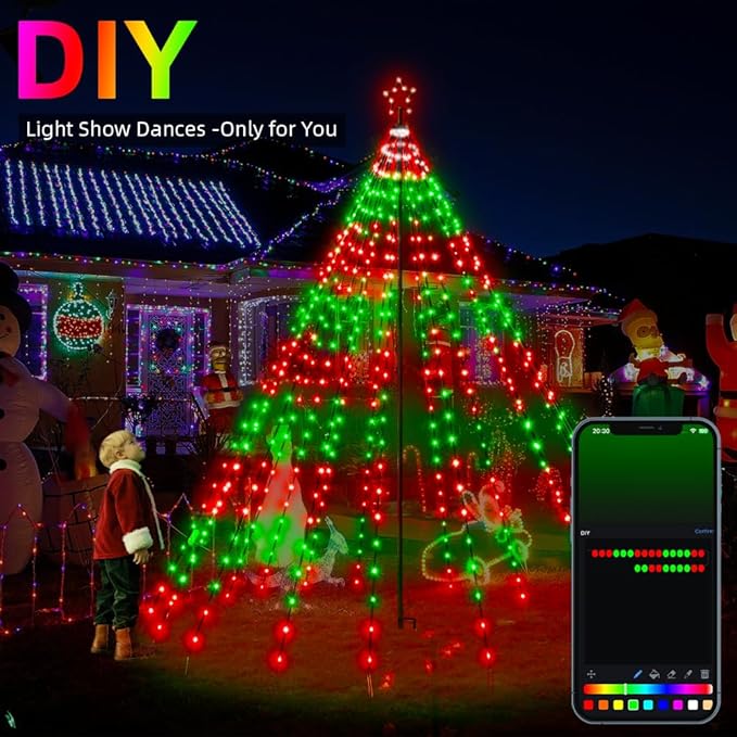 10ft Smart Outdoor Christmas Tree Lights,App&Remote Control Iron Pole Waterfall String Lights,DIY RGB Color Changing,Music Sync,Timer,Waterproof Star Tree Lights for Yard,Party,Holiday,Xmas Decor