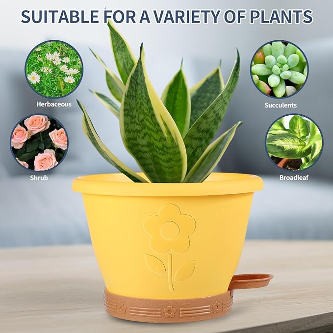 Plastic Plant Pots 10 Inch Set of 4, Self Watering Pots with Drainage Holes, Saucer & Reservoir, Flower Pots for Indoor/Outdoor Plants, Decorative Nursery Planting Pots (Yellow)