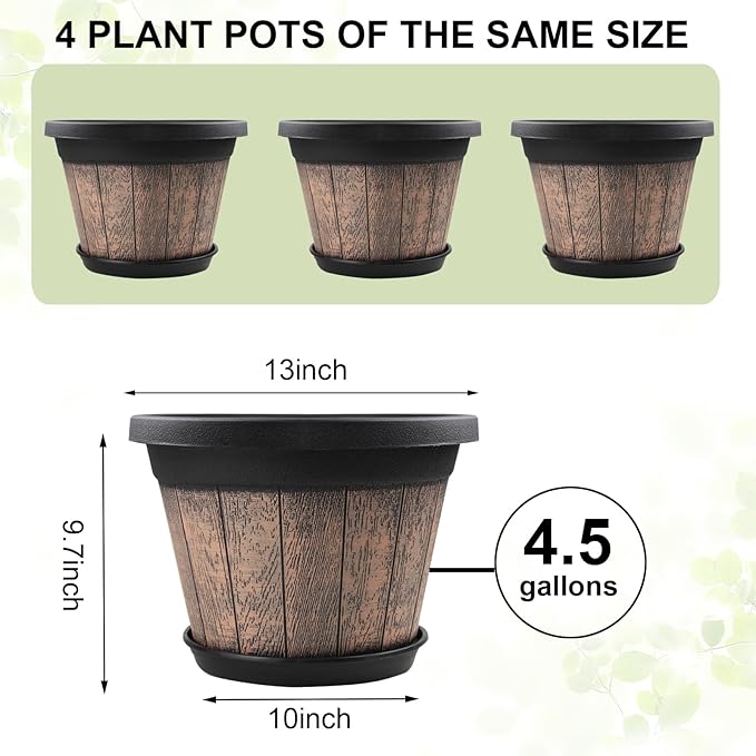 Quarut Large Plastic Plant Pots Set of 4 Pack13 inch,Whiskey Barrel Planters with Drainage Holes & Saucer.Flower Pots Imitation Wine Barrel Design for Indoor & Outdoor Garden Balcony Plants (Brown)