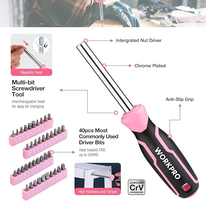 WORKPRO Pink Tool Set, 258 PCS Tool Kit for Women, Basic Household Case with Hammer, Screwdriver Set, Portable for Home Repair, New Apartment, House-Warming, DIY - Pink Ribbon