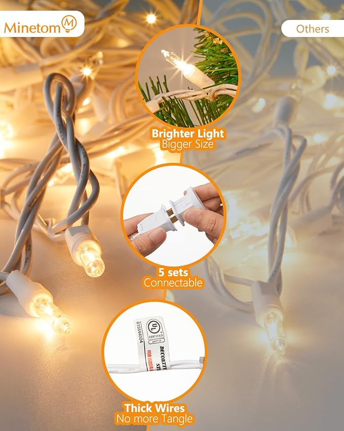 Minetom Clear Christmas Lights Set 100 Count 25 Feet Incandescent Bulb Mini String Lights for Indoor Christmas Tree Garland Birthday Wedding Party Festival Decoration, White Wire