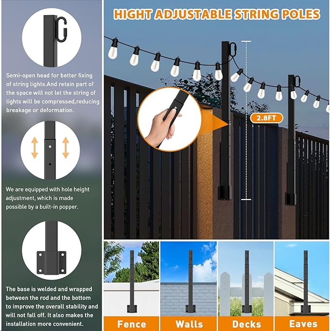 zoegi 6 Pack 2.8FT String Light Poles,Light Poles for Outside Lights with Fork,Outdoor Brackets Hanging Lights,Metal Stand for Deck Patio,Backyard,Wedding,Deck,Party