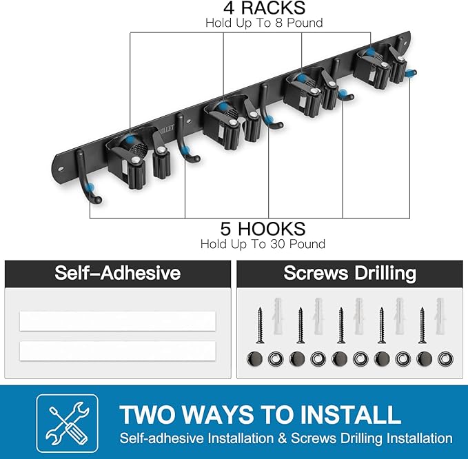 IMILLET Broom and Mop Holder Wall Mounted, Stainless Steel Broom Organizer Heavy Duty Tools Organizer Self Adhesive Mop Holder for Home Laundry Room Garage Garden (4 Racks and 5 Hooks)