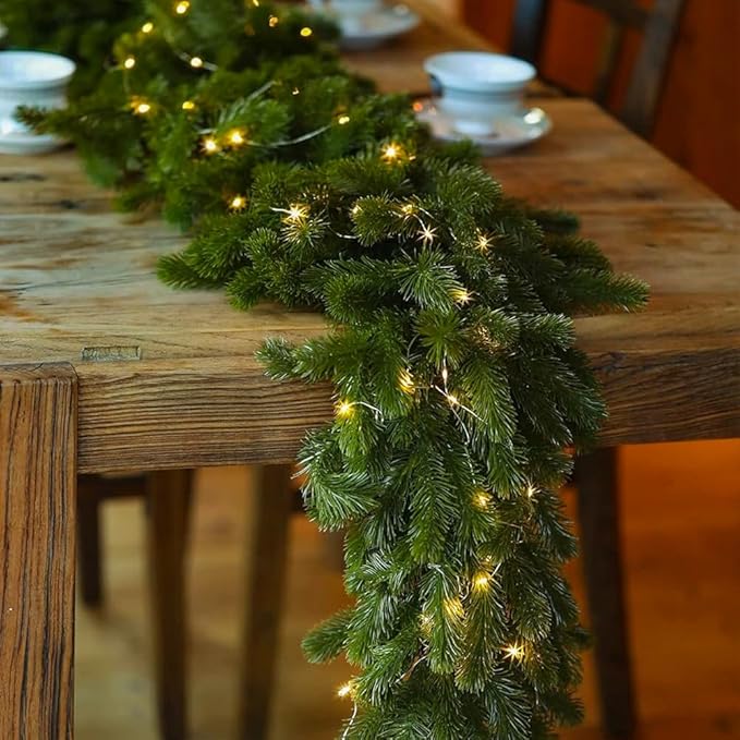 6FT Christmas Garland PARTY JOY Pine Garland with 9.8FT LED String Lights, Greenery Plant for Christmas Decorations Table Mantle Background Wall Room Outdoor Indoor Winter Decoration