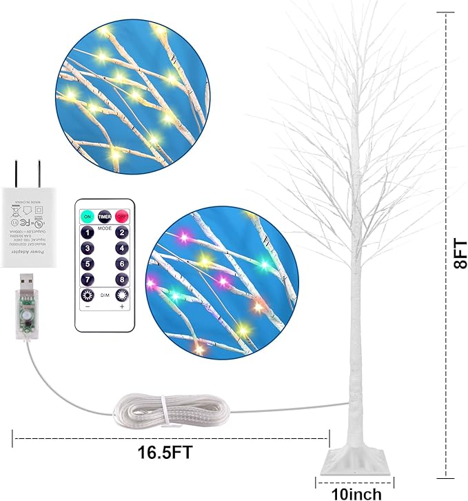 8FT Lighted Birch Tree with 210 LED Warm White and Multicolor Lights, 8 Modes, Timer Remote Faux Prelit Twig Christmas Tree with Lights for Indoor Outdoor Xmas Holiday Party Decoration