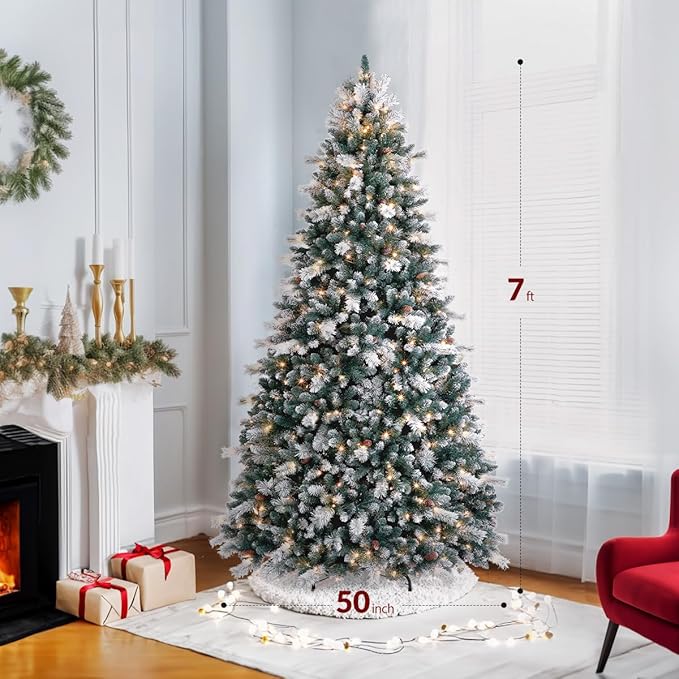 7FT Snowy Aspen Spruce Christmas Tree, Artificial Pre-lit Christmas Tree with Warm White Lights, Snow Flocked Tree with Pine Cone for Home, Office, Party Decor