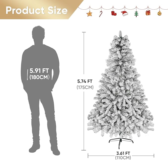 Northroad 6ft Pre-lit Flocked Christmas Tree with Incandescent Warm White Lights, Artificial Xmas Tree W/850 Branch Tips, 250 Lights & Foldable Stand