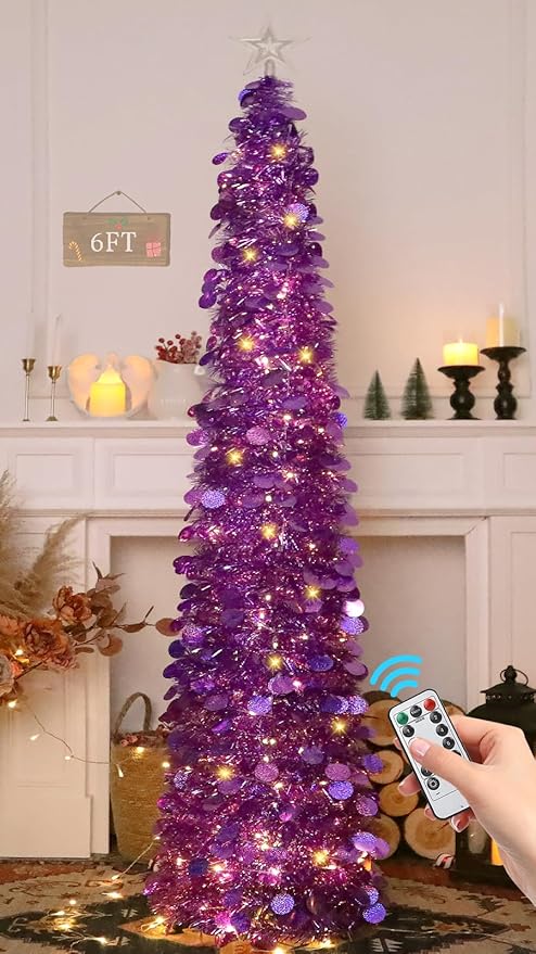 HMASYO 6 FT Pop Up Christmas Tree with 100 LED Lights & Remote, Purple Christmas Tinsel Tree, Collapsible Artificial Pencil Tree for Home Office Party Decor, USB Powered Timer Lights, Easy Assembly