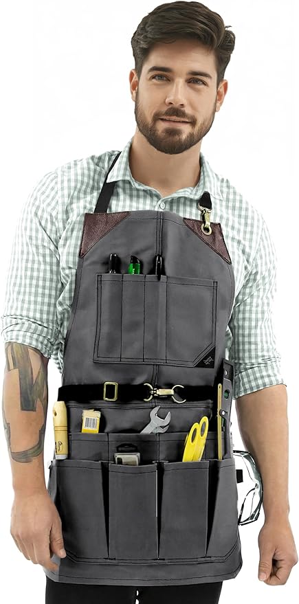 Under NY Sky Tool Gray Apron – Heavy-Duty Waxed Canvas, Leather Reinforcement, Extra Pockets – Adjustable for Men and Women – Pro Mechanic, Woodworker, Blacksmith, Plumber, Electrician, Welder Aprons