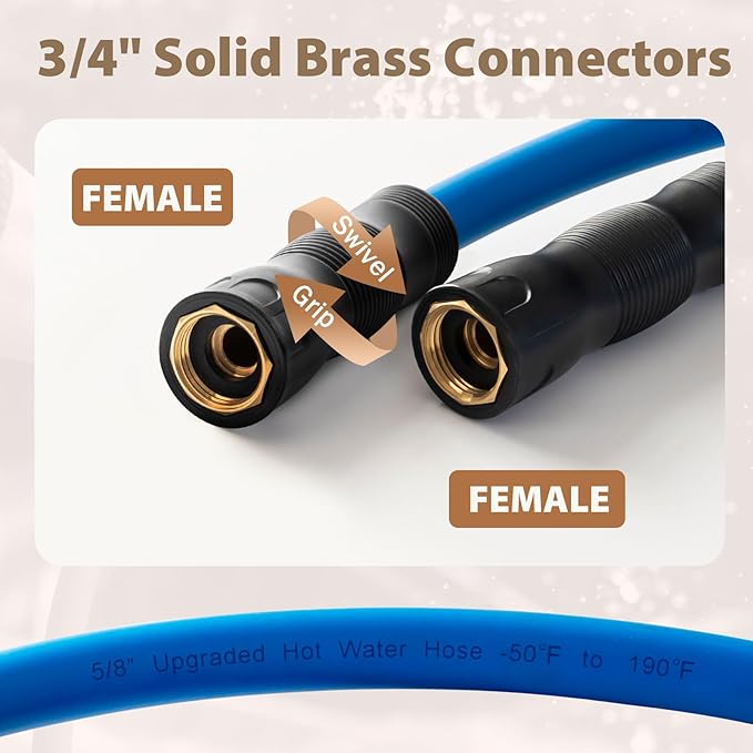 5/8" Female to Female Hot/Cold Water Leader Hose 5ft, -50℉ to 190℉ Flexible,Burst 600 Psi 3/4" Brass Fittings with Swivel Grip Handle for Outdoor,Yard, Farm, Blue