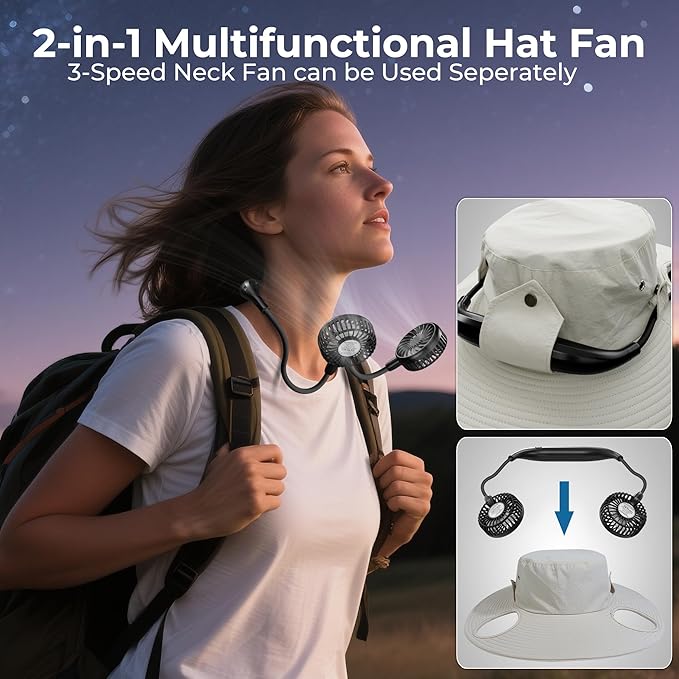2-in-1 Hands-Free Hat Fan Neck Fan UPF 50+ Wide Brim Sun Hat 16Hrs Running 3-Speed Fishing Essentials for Men Women
