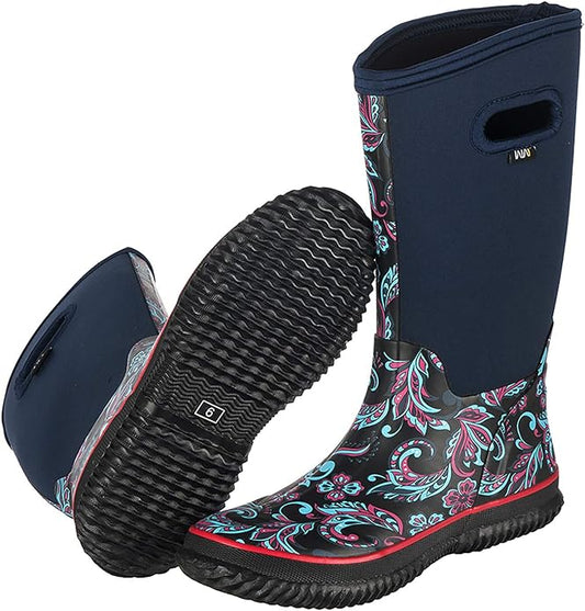 WTW Mid Calf Rain Boots for Women - Waterproof Insulated Neoprene Mud Boots Outdoor Hunting Garden Boots