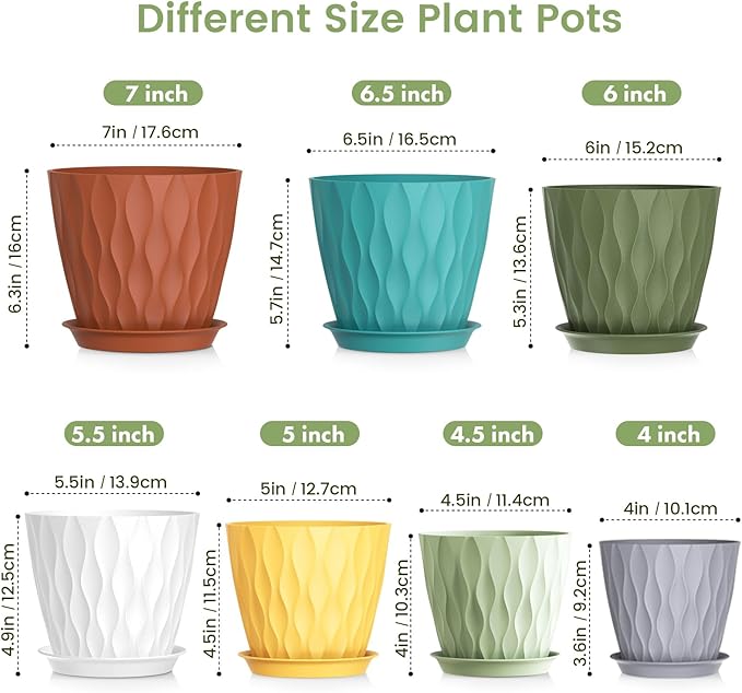 7/6.5/6/5.5/5/4.5/4 inch Plant Pots for Indoor Outdoor Plants, 7 Pack Thick Flower Pots with Drainage Holes and Saucers, Modern Wave Texture Small Plastic Planters Nursery Pots, Multicolor