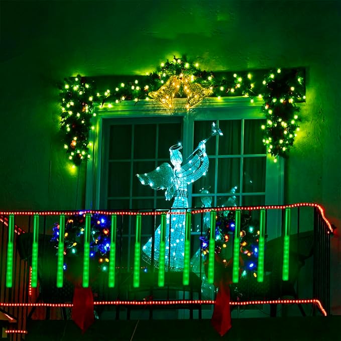 Kwaiffeo Green Christmas Lights, 24 Tubes Meteor Shower Lights(Equivalent to 3 Sets of 8-Tube) for Halloween Christmas Decorations Outdoor, Green Lights for Xmas St. Patrick's Day Party Tree, UL Plug