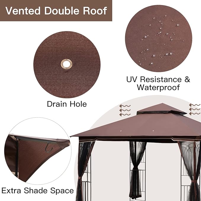 ECOTOUGE Outdoor Gazebo 10'x10', Heavy Duty Canopy Tent with Soft Double Roofs & Metal Corner Frame Shelves, Party Tent Shelter with Mosquito Netting for Patio, Deck, Backyard, Brown