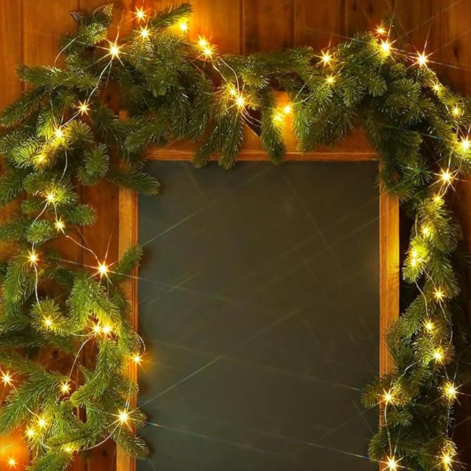 6FT Christmas Garland PARTY JOY Pine Garland with 9.8FT LED String Lights, Greenery Plant for Christmas Decorations Table Mantle Background Wall Room Outdoor Indoor Winter Decoration