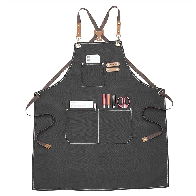 MEEDEN Painting Apron for Men Women: Adjustable Cross Back Waterproof Polyester Canvas Art Apron with 3 Pockets - Artist Apron for Acrylic Oil & Watercolor Painting, Gardening, Cooking - Taupe