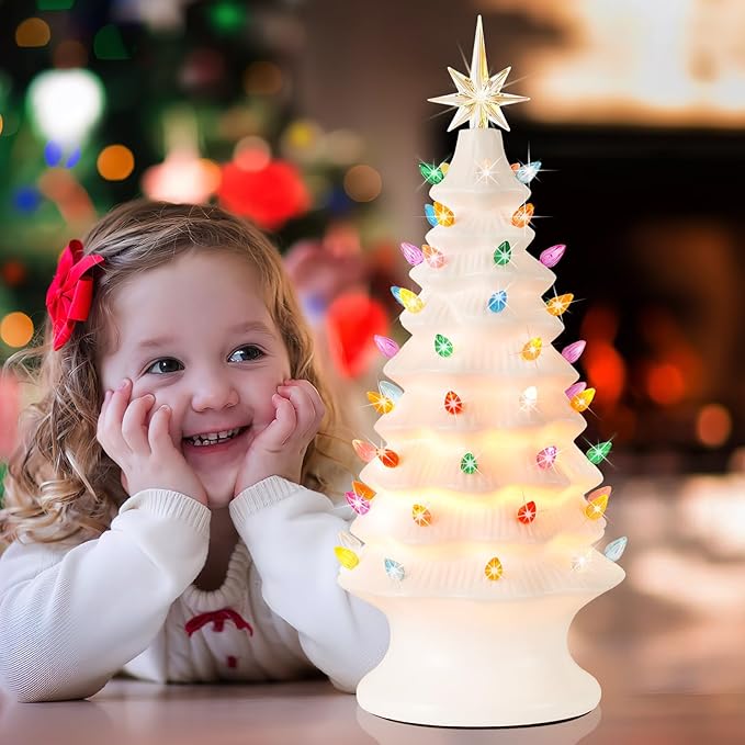 Lakumu 16.5" Table Top Christmas Tree, Hand Painted Resin Christmas Tree with Lights, Pre-lit Xmas Tree Decor Lighted Tabletop Decoration with Multicolored LED Bulbs, Ceramic-Like Finish, White