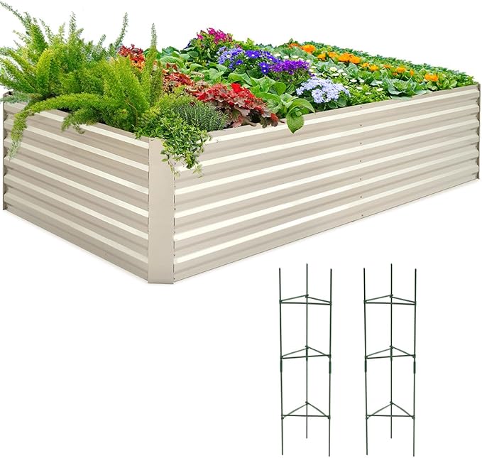 Quictent Galvanized Raised Garden Bed 8x4x2 Ft Tall Metal Planter Box for Vegetables Bottomless for Backyard, 2 Tomato Cages Included, 22.04" Deep, Beige