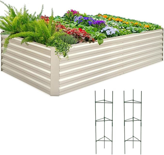 Quictent Galvanized Raised Garden Bed 8x4x2 Ft Tall Metal Planter Box for Vegetables Bottomless for Backyard, 2 Tomato Cages Included, 22.04" Deep, Beige