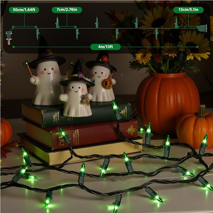 13FT 50-Count Green Halloween Lights, Incandescent Mini String Lights with Green Wire, Connectable St Patrick's Day Decorations Lights Waterproof for Indoor Outdoor Tree Garland Xmas Holiday