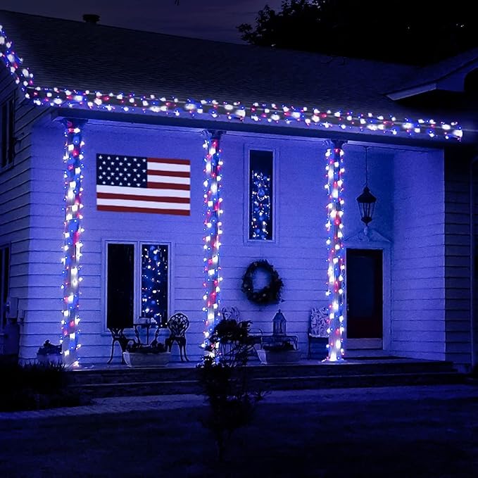 JMEXSUSS 600 LED Red White and Blue Lights Outdoor Plug in, 4th of July Decorations Outdoor Lights for Memorial Day Patriotic American Holiday Tree Party Independence 4th of July Decor
