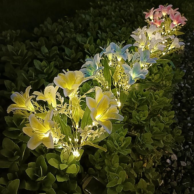Garden Solar Lights Flowers, Automatic Lighting at Night, Waterproof Garden Decor for Yard Patio Pathway Lawn, Gardening Gifts for Women, Christmas Decoration, 7 Flowers(Lily - Yellow, 1)