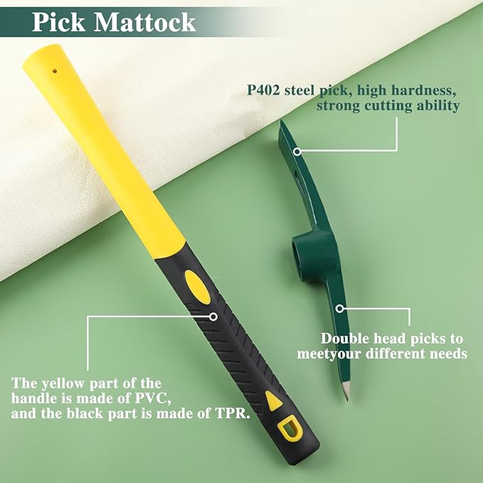 15 Inches Pick Mattock Hoe, Heavy Duty Forged Weeding Mattock Hoe with Fiberglass Handle, Garden Pick Axe, Forged Adze Pick for Digging Weeding Prospecting Camping Gardening Loosening Soil