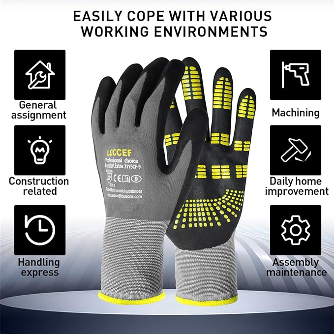 LOCCEF Safety Work Gloves MicroFoam Nitrile Coated-6 Pairs,Endurance Seamless Knit Nylon,Dots on palm,Tacky Dot Grip Gloves