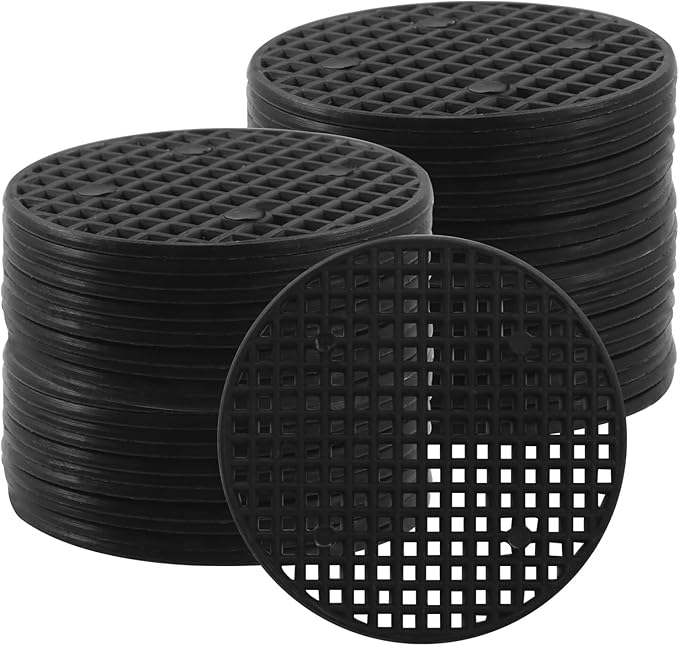 50pcs Plant Drainage Mesh Pads - 2.2 Inch Round Plastic Grid Mat, Breathable Soil Guard for Potted Plants, Bonsai (Black)