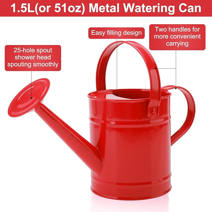 Finderomend Metal Watering Can 1.5L/51oz, Iron Art for Kids Watering Can, Watering Can for Outdoor Plants Home Office Small Portable Indoor Watering Equipment (Red)