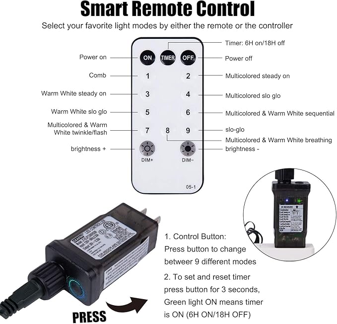 200 LED Christmas String Lights Outdoor 75 Ft. 9 Modes with Remote Timer Dimmer Extendable Mini Fairy Lights Plug in for Indoor Xmas Trees Wedding Decor, Warm White + Multicolored