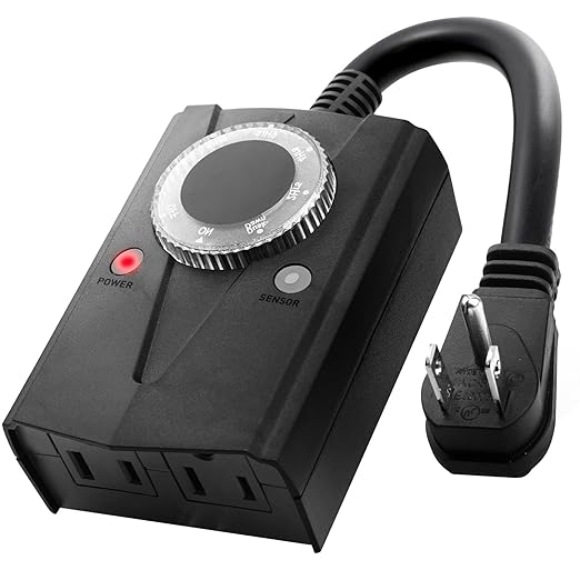 Brightown Outdoor Light Sensor Timer Waterproof, Mechanical Plug in Timer Switch, Outdoor Light Timers for Electrical Outlets, 2 Grounded Electrical Outlets for Christmas String Lights, Lighting Decor